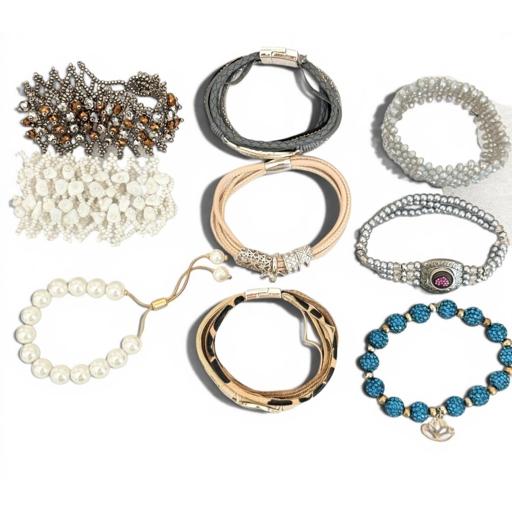 Lot of 9 Fashion Bracelets Beaded Leather Pearl Crystal Stretch Cuff